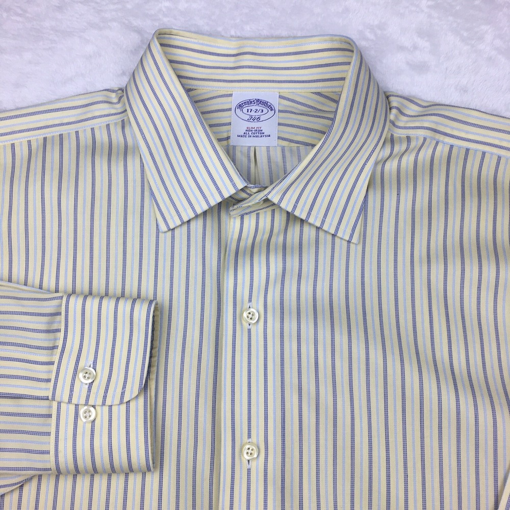 Brooks Brothers Dress Shirt Men's 17-2/3 Yellow w/Purple Stripes Slim Fit‎ 346